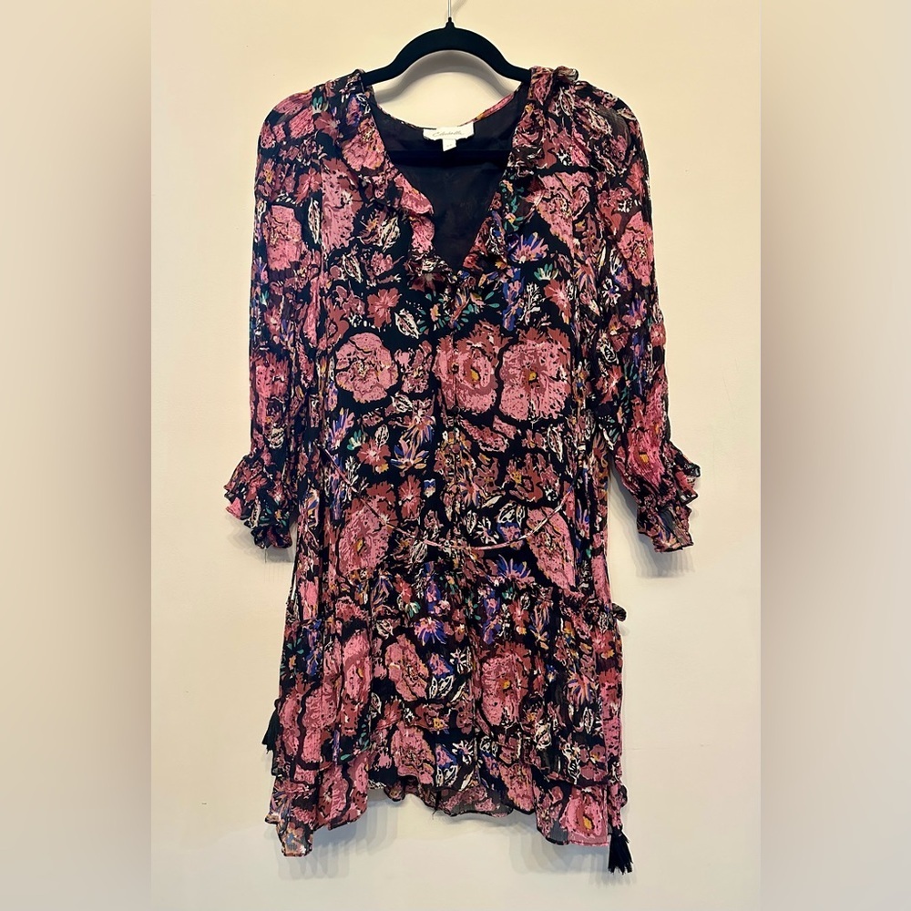 Cleobella Black Floral Mini Dress with Pink Accents